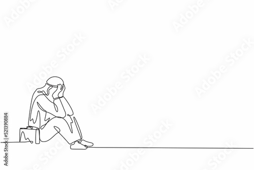 Single continuous line drawing Arabian businessman feeling sad and depression sitting on the floor. Office worker feeling blue, stress, sad. Depression for young people. One line graphic design vector
