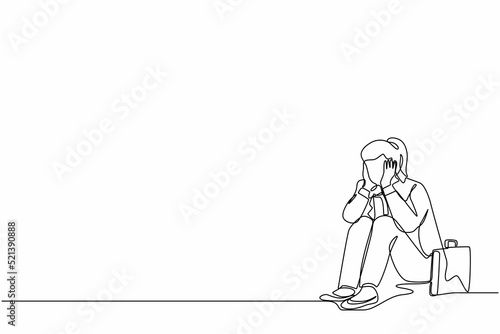Single continuous line drawing sad businesswoman cover her face by hands and sitting on the floor. Depression disorder, sad, sorrow, disappointment symptom. One line draw design vector illustration