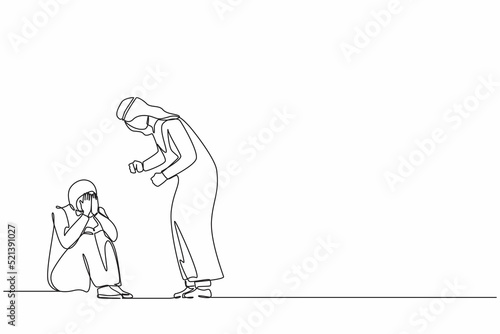 Continuous one line drawing scared Arab female afraid of husband, domestic violence. Man beating wife, quarreling couple. Emotional personages arguing. Single line design vector graphic illustration