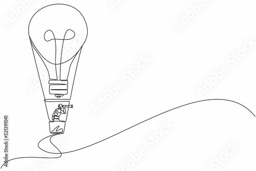 Continuous one line drawing robots using monocular, flying with hot air balloon lightbulb. Humanoid robot cybernetic organism. Future robotics development. Single line draw design vector illustration