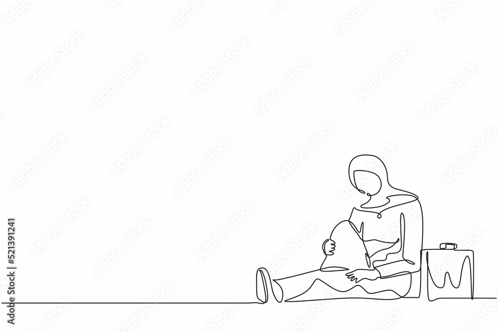 Single continuous line drawing depressed Arab businesswoman with briefcase sitting in despair on the floor. Entrepreneur sad gesture expression. Professional burnout syndrome. One line design vector