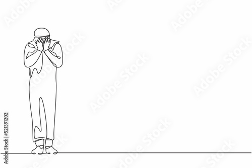 Single one line drawing Arab businessman cover his face by hands and crying. Depression disorder, sad, sorrow, disappointment. Psychological therapy, treatment. Continuous line design graphic vector