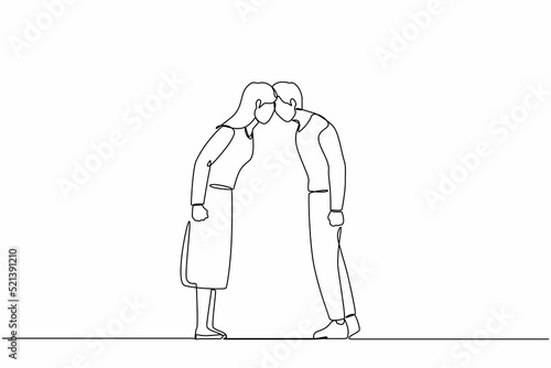 Continuous one line drawing couple man and woman arguing scream at each other engaged in family fight. Stubborn angry husband and wife yell shout, argue quarrel at home. Single line draw design vector