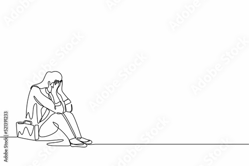 Single continuous line drawing businesswoman feeling sad and depression sitting on the floor. Office worker feeling blue, stress, sad. Depression for young people. One line draw graphic design vector