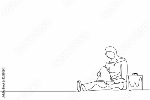 Single continuous line drawing depressed Arab businesswoman with briefcase sitting in despair on the floor. Entrepreneur sad gesture expression. Professional burnout syndrome. One line design vector
