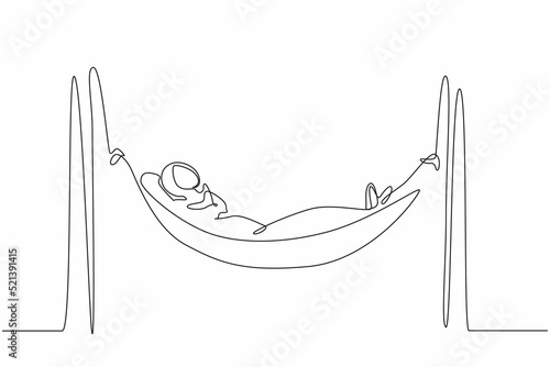 Single continuous line drawing Arab businesswoman is lying in hammock and dreaming about big money. Comfort and recreation. Achieve financial freedom. One line draw graphic design vector illustration