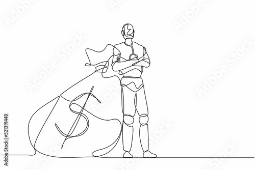 Single continuous line drawing robots lean on full cash money bag. Modern robotics artificial intelligence technology. Electronic technology industry. One line draw graphic design vector illustration