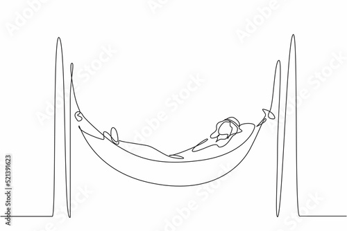 Continuous one line drawing Arabian businessman is lying in hammock and dreaming about big money. Comfort and recreation. Achieve financial freedom. Single line draw design vector graphic illustration