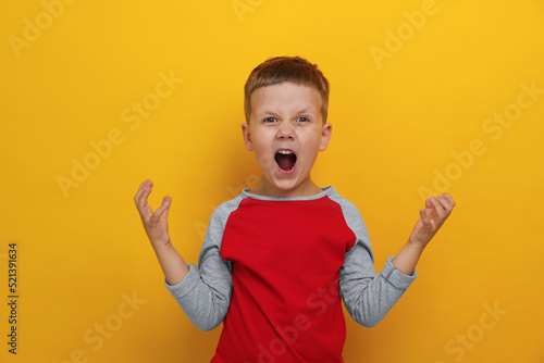 Obraz na płótnie Angry little boy screaming on yellow background