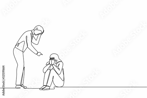 Single continuous line drawing scared female afraid of husband, domestic violence. Man beating wife, quarreling couple. Emotional personages arguing. One line draw graphic design vector illustration