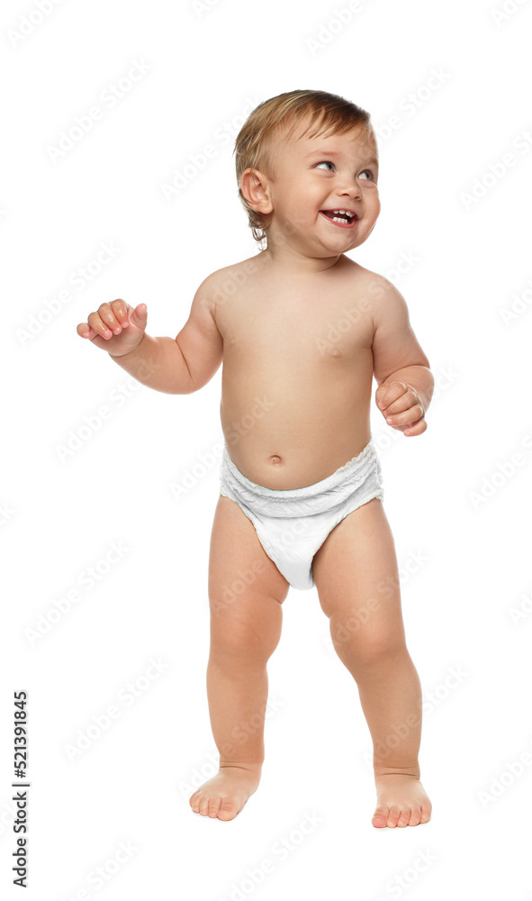 Cute baby in diaper learning to walk on white background Stock Photo