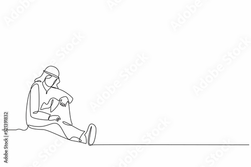 Single one line drawing depressed Arab businessman with briefcase sitting in despair on floor. Entrepreneur sad gesture expression. Professional burnout syndrome. Continuous line draw design vector
