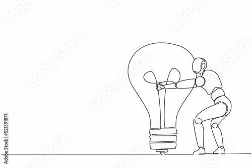 Single continuous line drawing robots hugging huge light bulb. Modern robotics artificial intelligence technology. Electronic technology industry. One line draw graphic design vector illustration