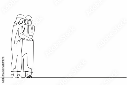 Single continuous line drawing Arabian man comforting her crying best friend. Depressed woman covering face with hands, her husband consoling, care about her. Help support. One line draw design vector