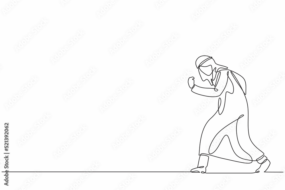 Single one line drawing happy Arab businessman bow and do gesture yes. Office worker celebrate success of company project. Successful victory. Continuous line draw design graphic vector illustration