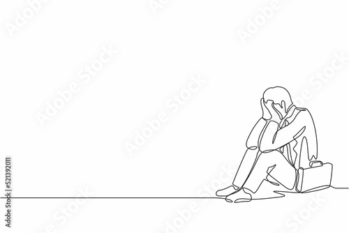 Single one line drawing businessman feeling sad and depression sitting on the floor. Office worker feeling blue, stress, sad. Depression for young people concept. Continuous line graphic design vector