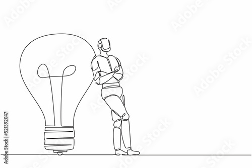 Single one line drawing robot lean on giant light bulb. Future technology development. Artificial intelligence and machine learning process. Continuous line draw design graphic vector illustration