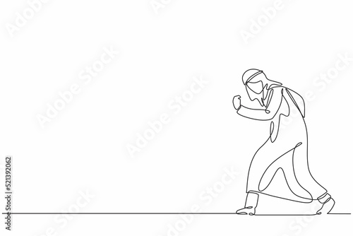 Single one line drawing happy Arab businessman bow and do gesture yes. Office worker celebrate success of company project. Successful victory. Continuous line draw design graphic vector illustration