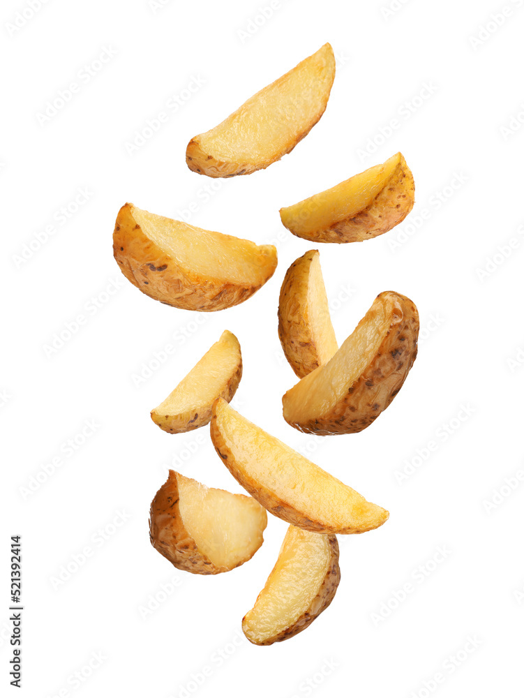 Tasty baked potatoes falling on white background Tasty baked potatoes falling on white background