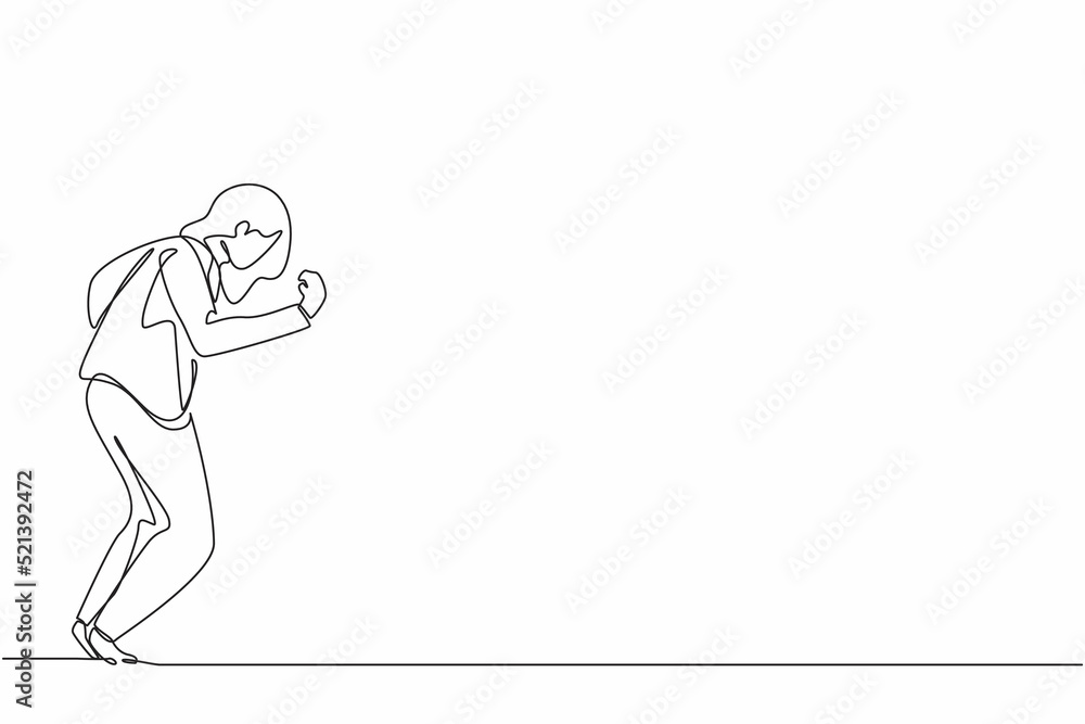 Single continuous line drawing happy businesswoman bow and do the gesture yes. Office worker celebrate success of company project. Successful victory. One line draw graphic design vector illustration Single continuous line drawing happy businesswoman bow and do the gesture yes. Office worker celebrate success of company project. Successful victory. One line draw graphic design vector illustration