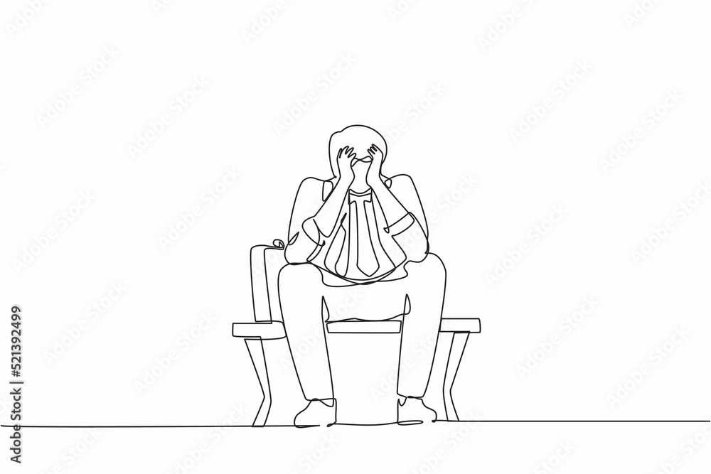 Single continuous line drawing sad businessman, depression. Lonely man sitting on park bench. Young male character holding his head. Failure concept. One line draw graphic design vector illustration