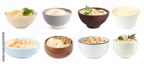 Set with tasty hummus on white background. Banner design