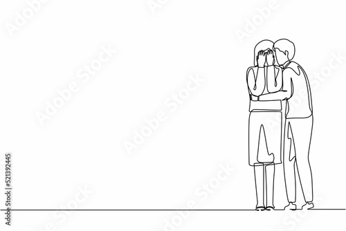 Single one line drawing man comforting her crying best friend. Depressed woman covering face with hands, her husband consoling, care about her. Help and support. Continuous line graphic design vector