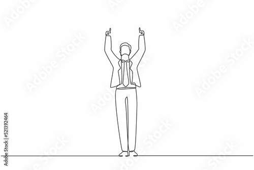 Single continuous line drawing happy businessman standing and both hands pointing with index fingers. Salesman celebrates salary increase from company. One line draw graphic design vector illustration