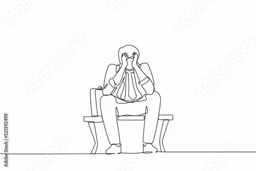 Single continuous line drawing sad businessman, depression. Lonely man sitting on park bench. Young male character holding his head. Failure concept. One line draw graphic design vector illustration