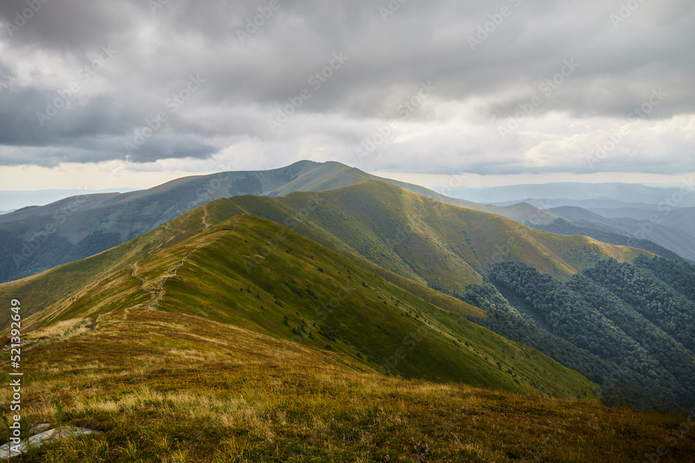 Mountain range. Carpathian Mountains, Ukraine. Walking and hiking trails in Borzhava ridge. Rural area of carpathian mountains in autumn