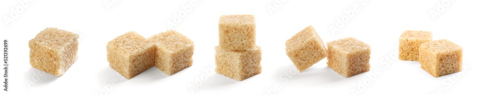 Set with cubes of brown sugar on white background. Banner design Set with cubes of brown sugar on white background. Banner design