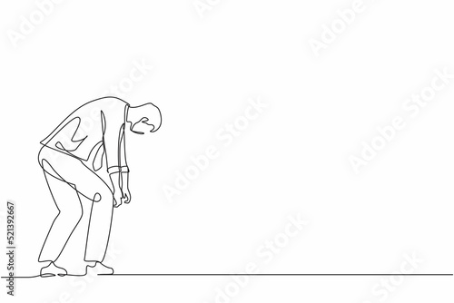 Continuous one line drawing sad businessman bowed down. Man feeling lonely and having mental pressure or stress. Bankruptcy on global economic recession, failure. Single line graphic design vector