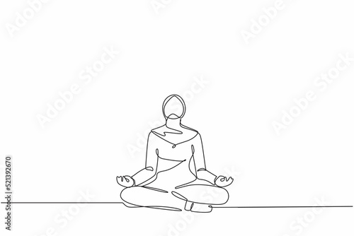 Continuous one line drawing Arabian businesswoman doing yoga. Office worker sitting in yoga pose, meditation, relaxing, calm down and manage stress. Single line draw design vector graphic illustration