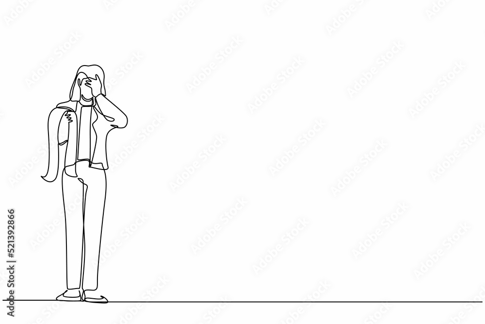 Single one line drawing financial problems and bankruptcy concept. Sad depressed businesswoman standing thinking about finding money for paying bills during crisis. Continuous line draw design vector