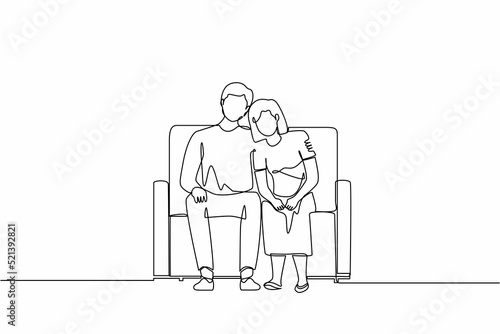 Single continuous line drawing man comforting sad woman. Male supporting female who is feeling emotional sad depressed. Husband embrace comforts his woman. One line graphic design vector illustration