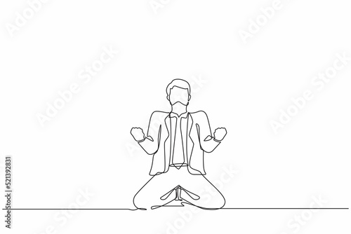 Single one line drawing happy businessman kneeling with both hands do gesture yes. Male manager celebrating success of increasing company's product sales. Continuous line draw design graphic vector