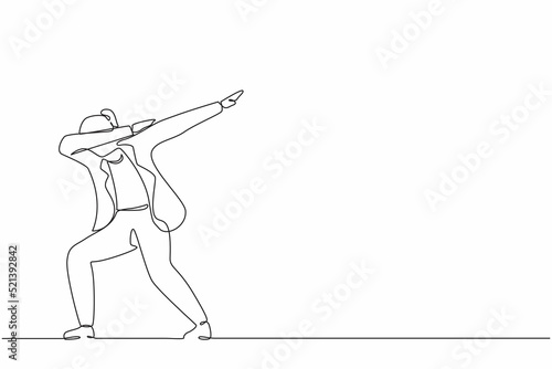 Continuous one line drawing happy businesswoman standing with crossing arms and look down. Saleswoman celebrates salary increase from company. Single line draw design vector graphic illustration