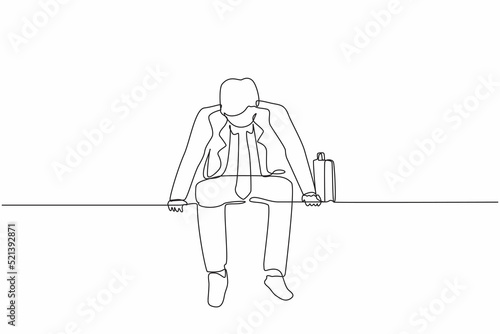 Continuous one line drawing sad businessman sits at bench alone. Man suffering from depression, experiences dismissal, gets into difficult life situation, despair. Single line design vector graphic