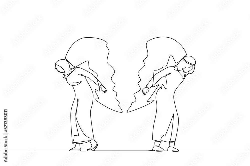 Obraz premium Single continuous line drawing broken heart carried by Arab man and woman. Divorce heartache concept. Family conflict. Break up relationship. Married couple angry, sad. One line graphic design vector