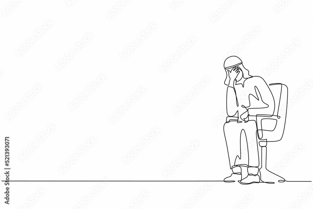 Single one line drawing sad depressed Arab businessman sitting on chair thinking about finding money for paying bills during crisis. Financial problems, bankruptcy. Continuous line draw design vector