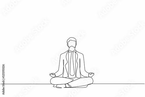 Single continuous line drawing businessman doing yoga. Office worker sitting in yoga pose, meditation, relaxing, calm down and manage stress. Dynamic one line draw graphic design vector illustration