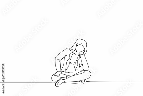 Single continuous line drawing businesswoman who is asking questions or is confused because she gets into problem. Running out of idea, daydreaming, sad, depressed. One line draw graphic design vector