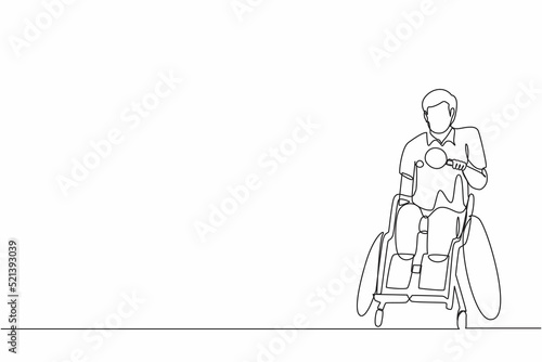 Single continuous line drawing disabled sportsman in wheelchair playing table tennis. Disability games championship. Hobbies, interests of people with disabilities. One line draw graphic design vector
