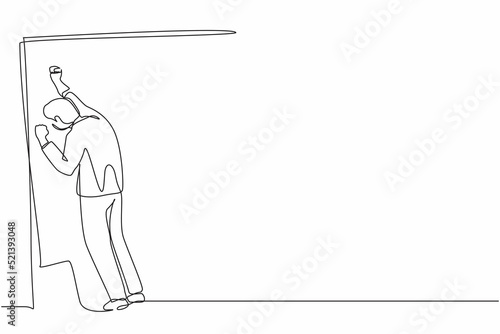 Single one line drawing businessman crying sad lost his opportunity. Depressed office worker wailing on the wall losing his job. Depressive disorder, sorrow. Continuous line draw design graphic vector
