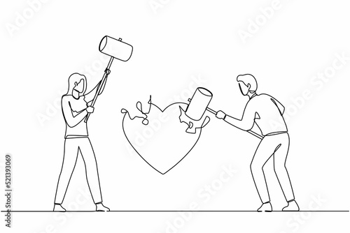Single continuous line drawing angry couple husband and wife using big hammer to hit broken heart shape. Marriage problem, divorce, violence in broken relationship. One line draw graphic design vector