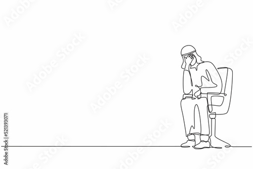 Single one line drawing sad depressed Arab businessman sitting on chair thinking about finding money for paying bills during crisis. Financial problems  bankruptcy. Continuous line draw design vector