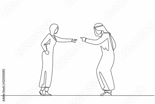 Continuous one line drawing angry aggressive Arabian couple man husband woman wife yelling and quarrelling together. Furious dispute discussion or disagreement. Single line draw design vector graphic