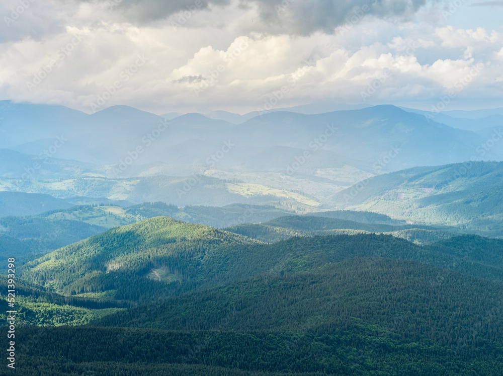 Panoramic view of mountains. Scenic mountain landscape.  Carpathian, Ukraine.