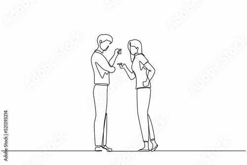 Continuous one line drawing angry aggressive couple man husband woman wife yelling and quarrelling together. Furious dispute discussion or disagreement. Single line design vector graphic illustration