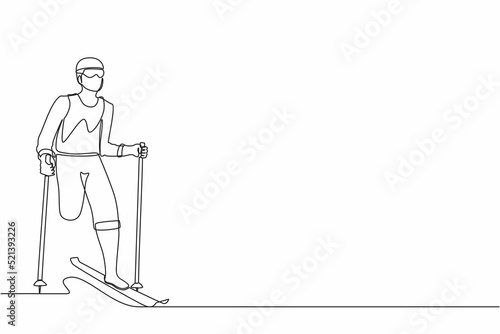 Single one line drawing male athlete skier without legs skiing in snow.  sportsman with skis and poles in glasses in winter. Sport, tournament. Continuous line draw design vector illustration